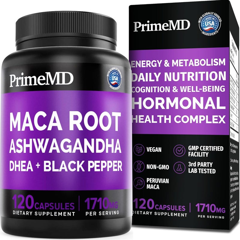 PrimeMD 6in1 Organic Maca Root Ashwagandha Capsules 1710mg with DHEA and Black Pepper Fruit Extract for Women and Men  Black Maca Supplement for Stamina Bone and Mood Support Supplement 120 count - Image 1