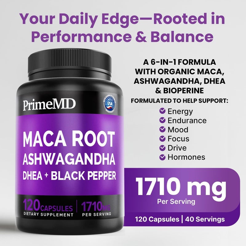 PrimeMD 6in1 Organic Maca Root Ashwagandha Capsules 1710mg with DHEA and Black Pepper Fruit Extract for Women and Men  Black Maca Supplement for Stamina Bone and Mood Support Supplement 120 count - Image 2