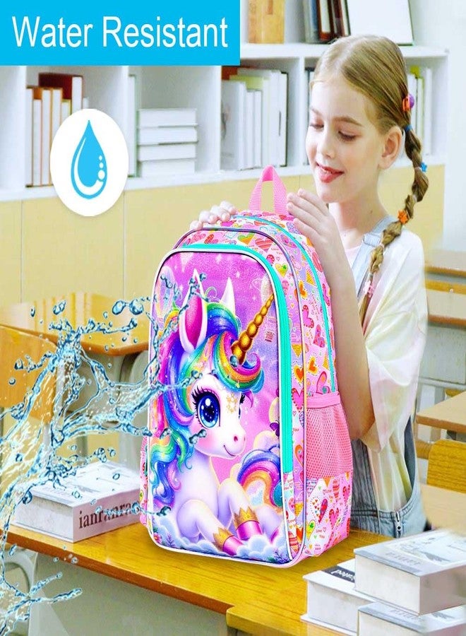 gxtvo 3PCS Unicorn Backpack, 16" Girls Bookbag with Lunch Box, Water Resistant Kids School Bag for Elementary Preschool Toddler - Rainbow Hair Unicorn - Image 3