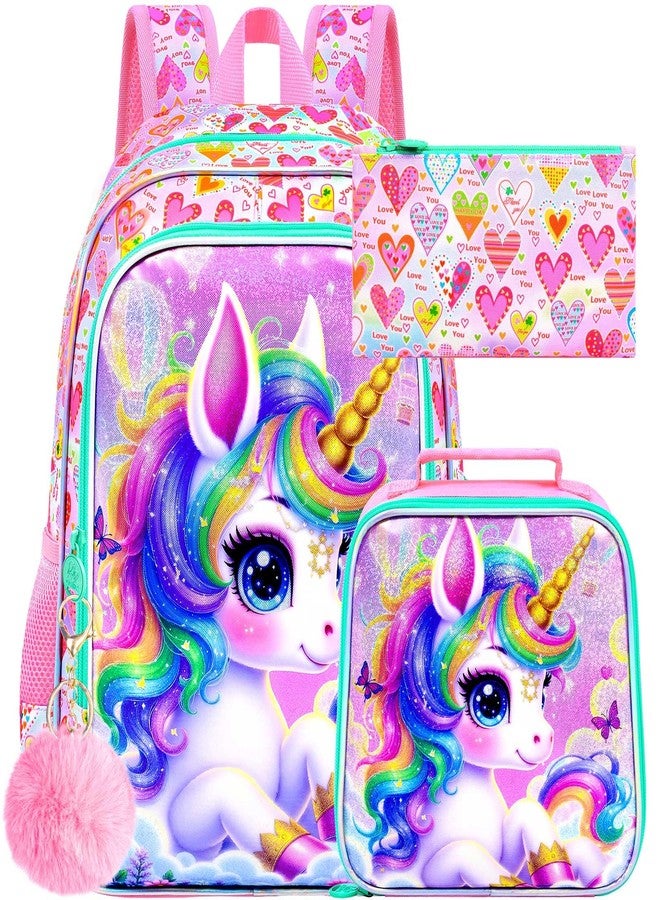 gxtvo 3PCS Unicorn Backpack, 16" Girls Bookbag with Lunch Box, Water Resistant Kids School Bag for Elementary Preschool Toddler - Rainbow Hair Unicorn - Image 1