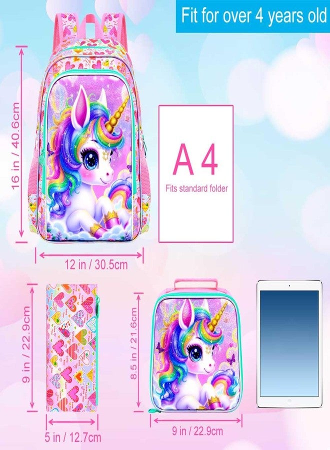 gxtvo 3PCS Unicorn Backpack, 16" Girls Bookbag with Lunch Box, Water Resistant Kids School Bag for Elementary Preschool Toddler - Rainbow Hair Unicorn - Image 4