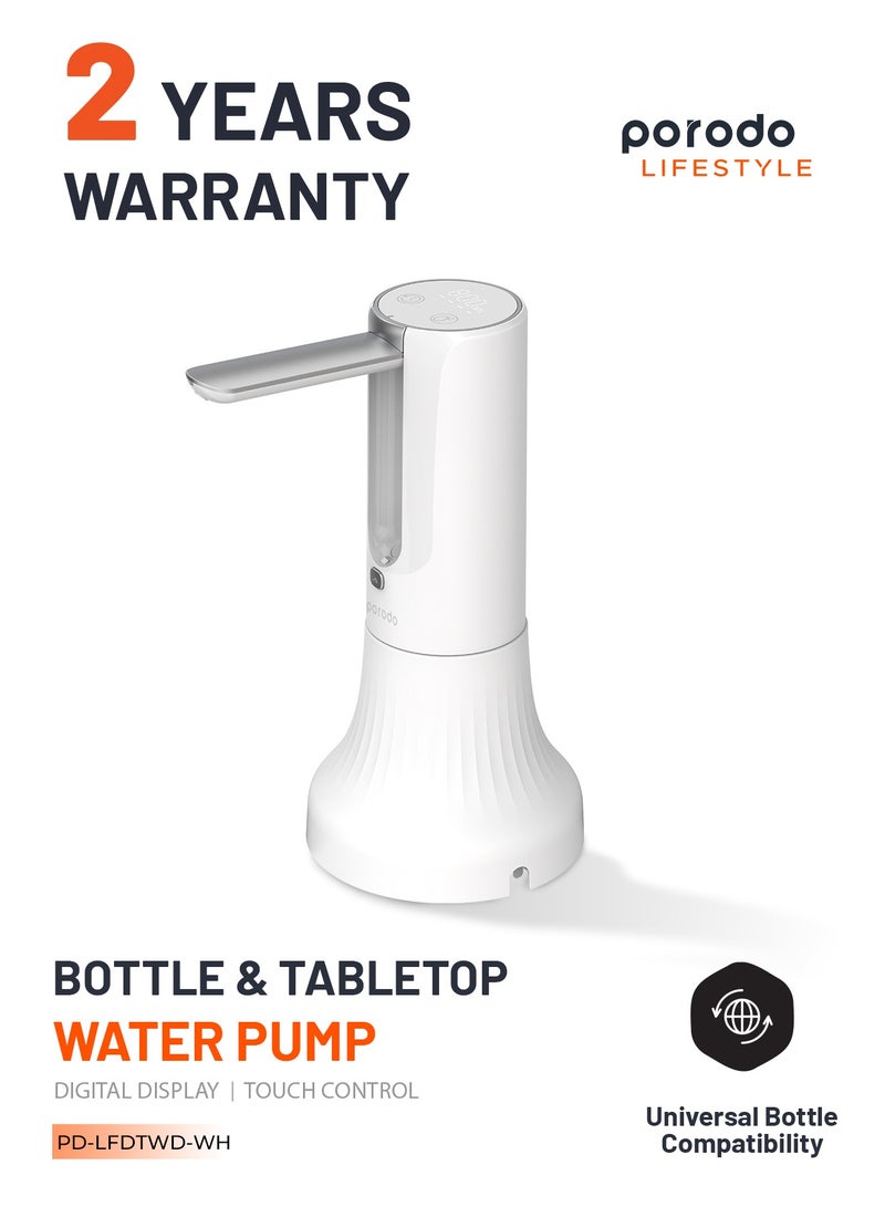 porodo Lifestyle Rechargeable Tabletop & Water Bottle Pump Digital Display and Touch Control-White - Image 1