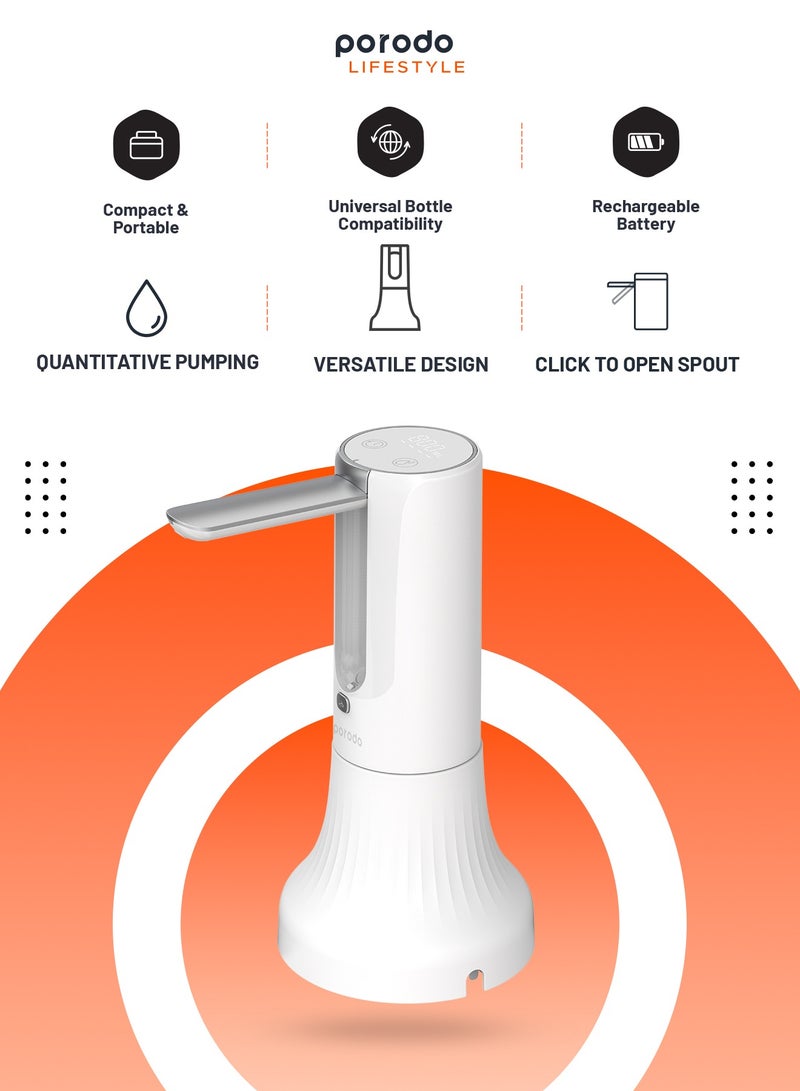 porodo Lifestyle Rechargeable Tabletop & Water Bottle Pump Digital Display and Touch Control-White - Image 2