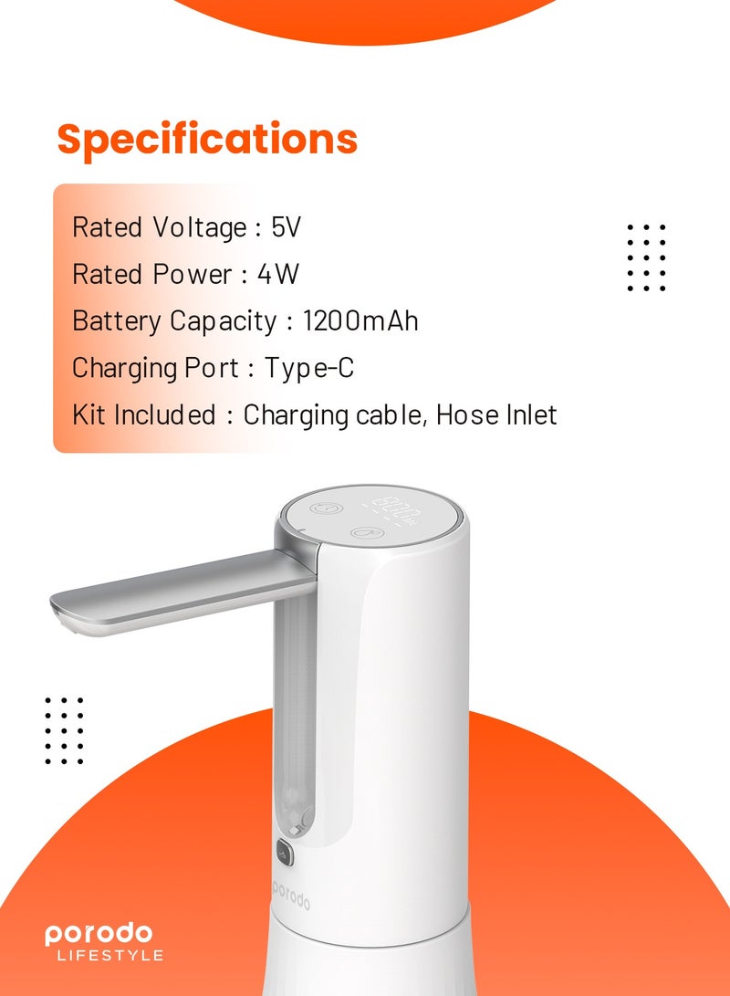 porodo Lifestyle Rechargeable Tabletop & Water Bottle Pump Digital Display and Touch Control-White - Image 4