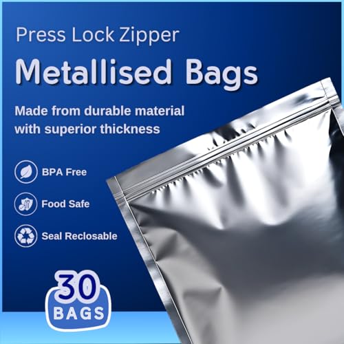 GREENTWISH Zip 'N' Seal (30 Bags) Metallised Silver Zip Lock Bags, Reusable Sandwich and Food Storage Bag, Airtight Foil Pouch with Zipper, Freezer Safe, Polyethylene | S x 10, M x 10, L x 10 - Image 3