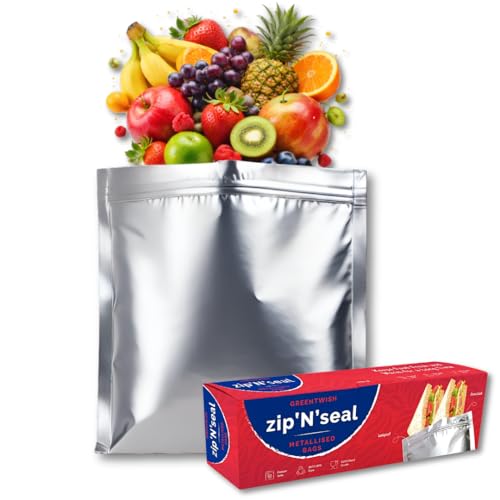 GREENTWISH Zip 'N' Seal (30 Bags) Metallised Silver Zip Lock Bags, Reusable Sandwich and Food Storage Bag, Airtight Foil Pouch with Zipper, Freezer Safe, Polyethylene | S x 10, M x 10, L x 10 - Image 1