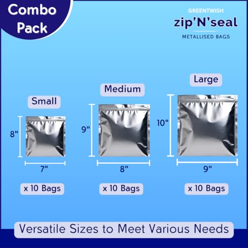 GREENTWISH Zip 'N' Seal (30 Bags) Metallised Silver Zip Lock Bags, Reusable Sandwich and Food Storage Bag, Airtight Foil Pouch with Zipper, Freezer Safe, Polyethylene | S x 10, M x 10, L x 10 - Image 2