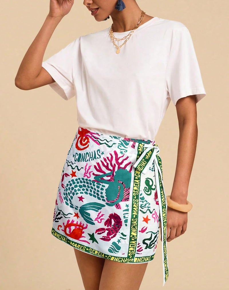 Sujama Women’s Summer Boho Skirts Floral Print Tie Knot Wrap Skirt Cute Tropical Ocean Graphic Mini Short Skirts Beachwear - Image 3