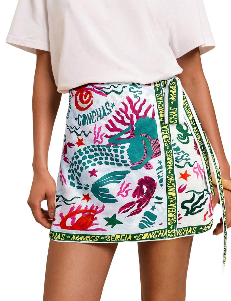 Sujama Women’s Summer Boho Skirts Floral Print Tie Knot Wrap Skirt Cute Tropical Ocean Graphic Mini Short Skirts Beachwear - Image 1
