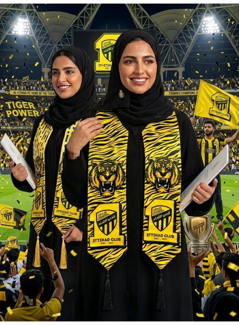 وشاح نادي الاتحاد بنقشة النمر | وشاح أصفر وأسود جريء بتصميم مروحة، مزين برسومات نمر شرس، بلمسة نهائية من الساتان الفاخر، وشرابات سوداء، وشعار جدة الشهير - رمز القوة والفخر - Image 3