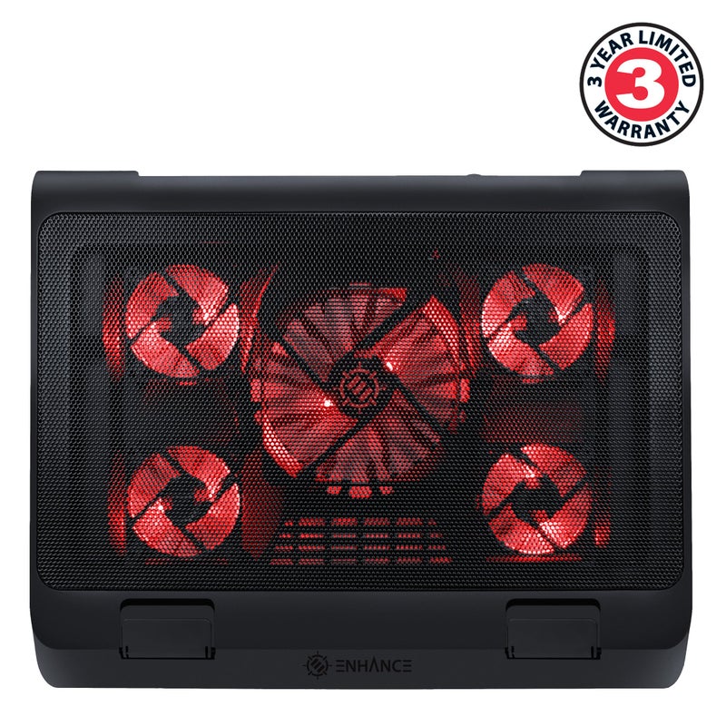ENHANCE Gaming Laptop Cooling Pad Stand with LED Cooler Fans , Adjustable Height , & Dual USB Port for 17 inch Laptops - 5 Ultra Quiet High Performance Fans 2630 RPM & Built-In Bumpers - Red - Image 2
