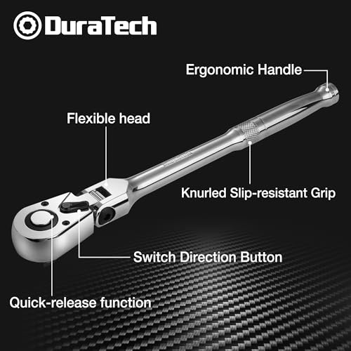 DURATECH دوراتك 1/2" درايف رافعة مرنة الرأس، مفتاح رافعة 72 سن، إطلاق سريع، مفتاح عكسي، طلاء كروم مصقول بالكامل، فولاذ سبائكي - Image 2