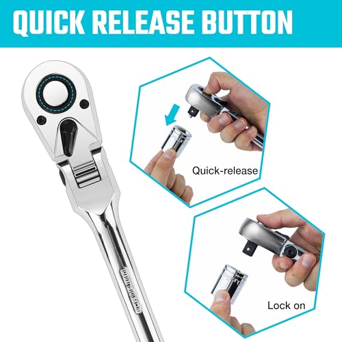 DURATECH دوراتك 1/2" درايف رافعة مرنة الرأس، مفتاح رافعة 72 سن، إطلاق سريع، مفتاح عكسي، طلاء كروم مصقول بالكامل، فولاذ سبائكي - Image 3