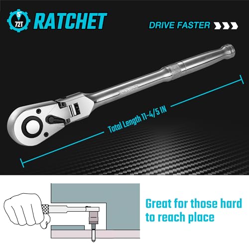 DURATECH دوراتك 1/2" درايف رافعة مرنة الرأس، مفتاح رافعة 72 سن، إطلاق سريع، مفتاح عكسي، طلاء كروم مصقول بالكامل، فولاذ سبائكي - Image 5