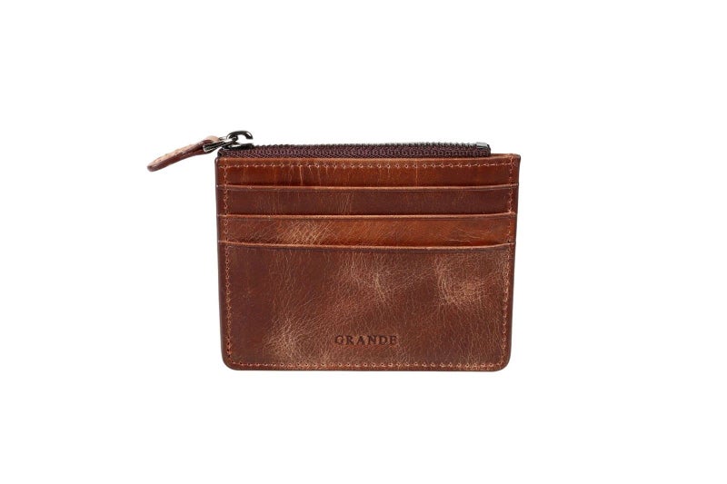 grande 3603 Genuine Leather Card Holder For Women and Men Slim Minimalist Small Zipper Wallet RUSTIC BROWN - Image 2