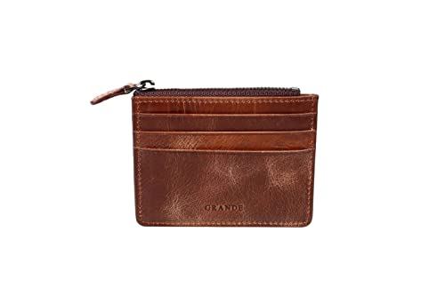 grande 3603 Genuine Leather Card Holder For Women and Men Slim Minimalist Small Zipper Wallet RUSTIC BROWN - Image 1