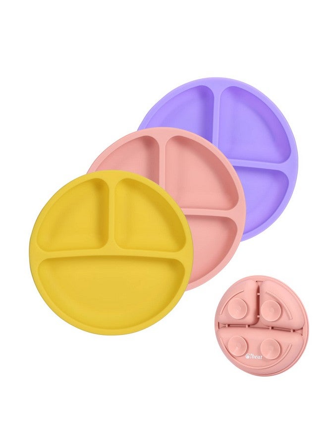 Cibeat Toddler Plates 3 Pack 100% Silicone Suction Plates For Babies And Toddlers Microwave And Dishwasher Safe Bpa Free Divided Design Pink & Yellow & Purple - Image 1