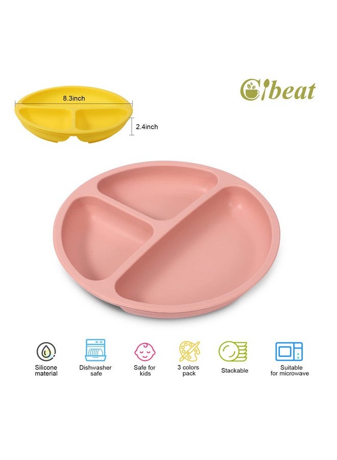 Cibeat Toddler Plates 3 Pack 100% Silicone Suction Plates For Babies And Toddlers Microwave And Dishwasher Safe Bpa Free Divided Design Pink & Yellow & Purple - Image 3