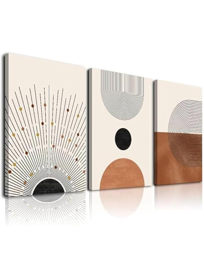 KBKBART لوحة فنية جدارية تجريدية بتصميم بوهيمي بسيط بلون بيج وبني محايد وشمس وخط اسود، ديكور غرفة بوهو عصري جاهز لل لغرفة النوم والحمام والمكتب (12×16×3) - Image 1