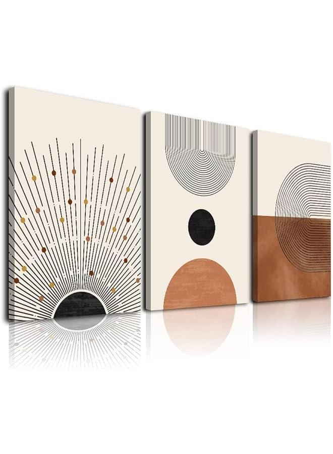 KBKBART لوحة فنية جدارية تجريدية بتصميم بوهيمي بسيط بلون بيج وبني محايد وشمس وخط اسود، ديكور غرفة بوهو عصري جاهز لل لغرفة النوم والحمام والمكتب (12×16×3) - Image 2