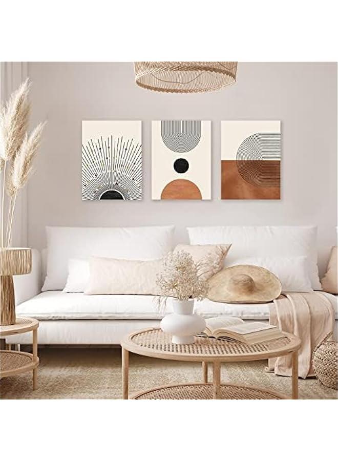 KBKBART لوحة فنية جدارية تجريدية بتصميم بوهيمي بسيط بلون بيج وبني محايد وشمس وخط اسود، ديكور غرفة بوهو عصري جاهز لل لغرفة النوم والحمام والمكتب (12×16×3) - Image 3