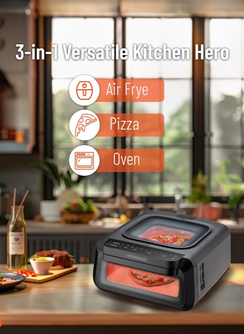 بورودو مقلاة هوائية كريسب كوك 3 في 1، صانعة بيتزا وفرن بسعة 13 لترًا و18 وضع طهي مسبق الضبط / أوضاع بيتزا متعددة / وظيفة فرن فعالة / قلي هوائي صحي / قلي هوائي / ملحقات متضمنة - أسود - Image 2