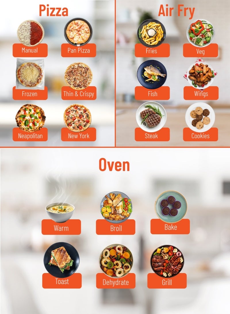 بورودو مقلاة هوائية كريسب كوك 3 في 1، صانعة بيتزا وفرن بسعة 13 لترًا و18 وضع طهي مسبق الضبط / أوضاع بيتزا متعددة / وظيفة فرن فعالة / قلي هوائي صحي / قلي هوائي / ملحقات متضمنة - أسود - Image 4