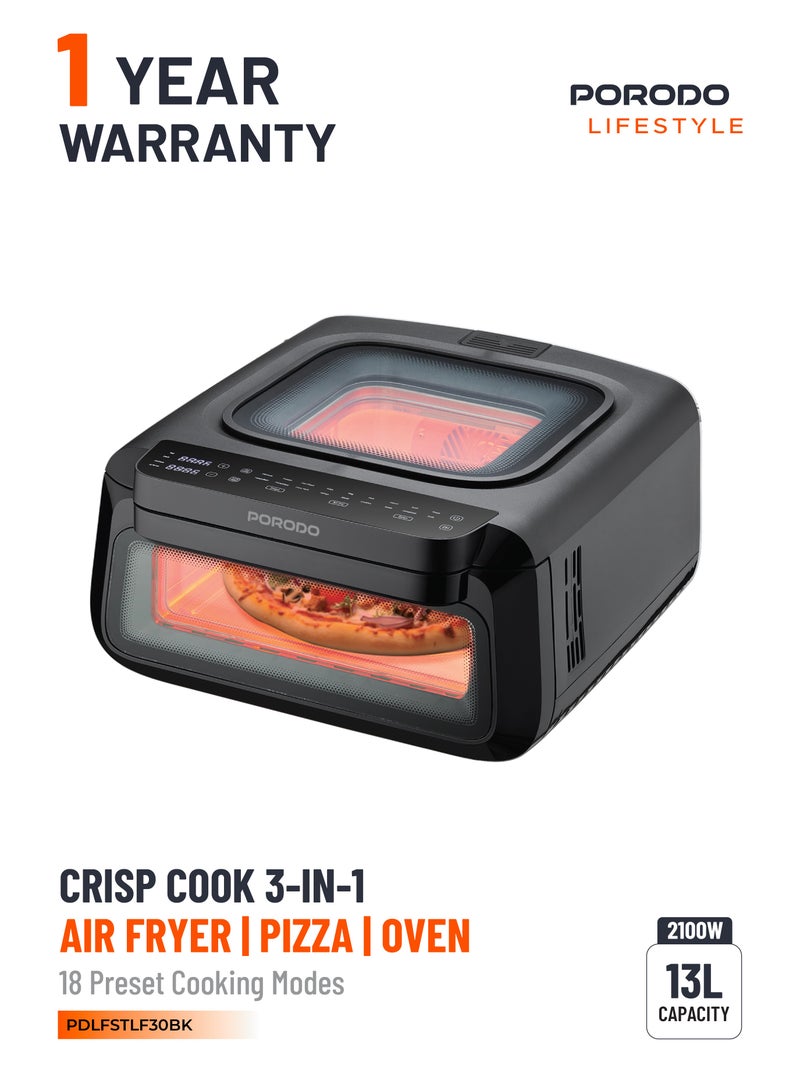 بورودو مقلاة هوائية كريسب كوك 3 في 1، صانعة بيتزا وفرن بسعة 13 لترًا و18 وضع طهي مسبق الضبط / أوضاع بيتزا متعددة / وظيفة فرن فعالة / قلي هوائي صحي / قلي هوائي / ملحقات متضمنة - أسود - Image 1