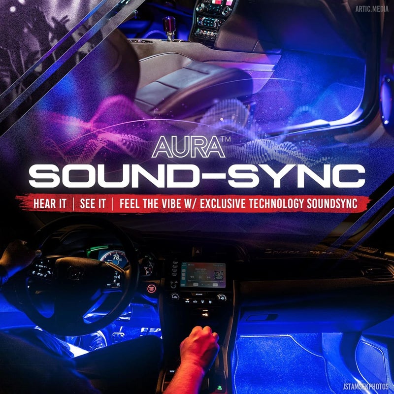 OPT7 Aura Interior Car Lights with Remote Control, Color Change, Music Sync Inside Ambient Lighting Kit, LED Light for Cars Trucks Under Dash Accessories, Charger Adapter 12V, 4pc Single Row LED Strip - Image 5