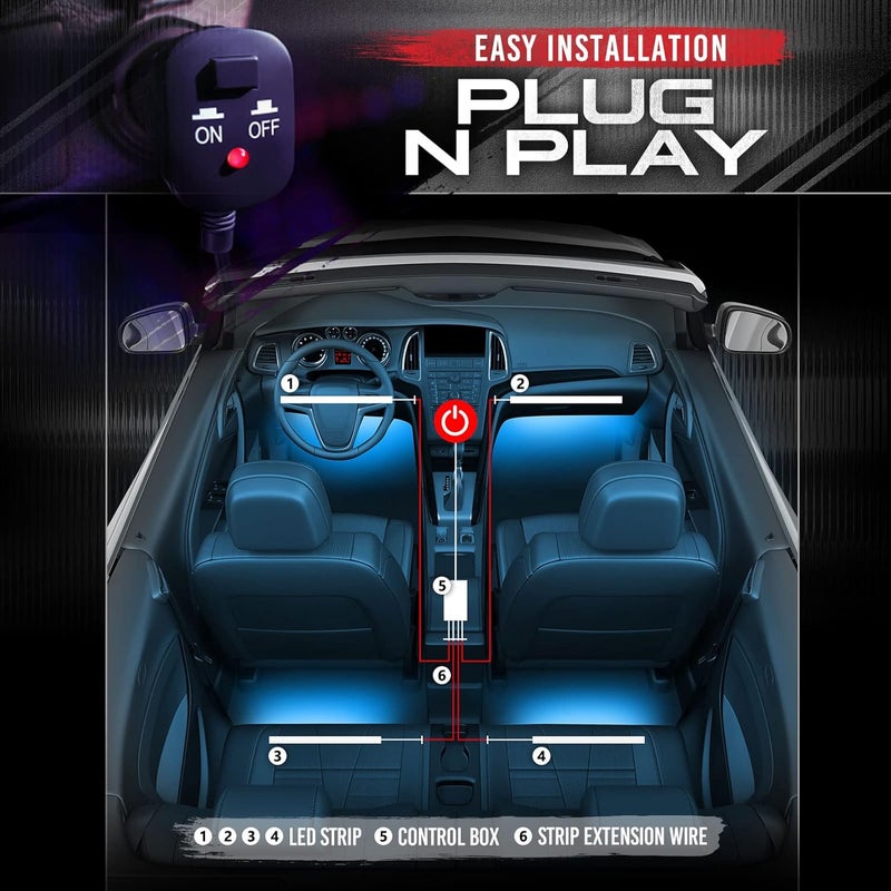 OPT7 Aura Interior Car Lights with Remote Control, Color Change, Music Sync Inside Ambient Lighting Kit, LED Light for Cars Trucks Under Dash Accessories, Charger Adapter 12V, 4pc Single Row LED Strip - Image 4