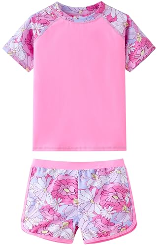 UMELOK Girls Rash Guard Bathing Suit Swim Short Sleeve Swimsuit Rashguard Two Pieces Summer Beach Swimwear Sets Pink, Dahlia 5T - Image 1
