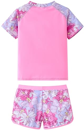 UMELOK Girls Rash Guard Bathing Suit Swim Short Sleeve Swimsuit Rashguard Two Pieces Summer Beach Swimwear Sets Pink, Dahlia 5T - Image 2