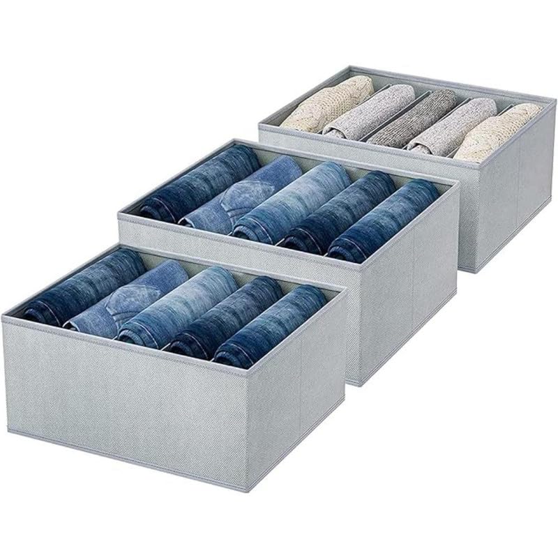 STORE MORE STORE MORE 7 Grids Wardrobe Closet Organizer For Clothes Almirah Drawer Storage Organisers Foldable and Stackable Jeans Sweater Dresses TShirts Organizer Box Grey Pack of 3  - Image 1