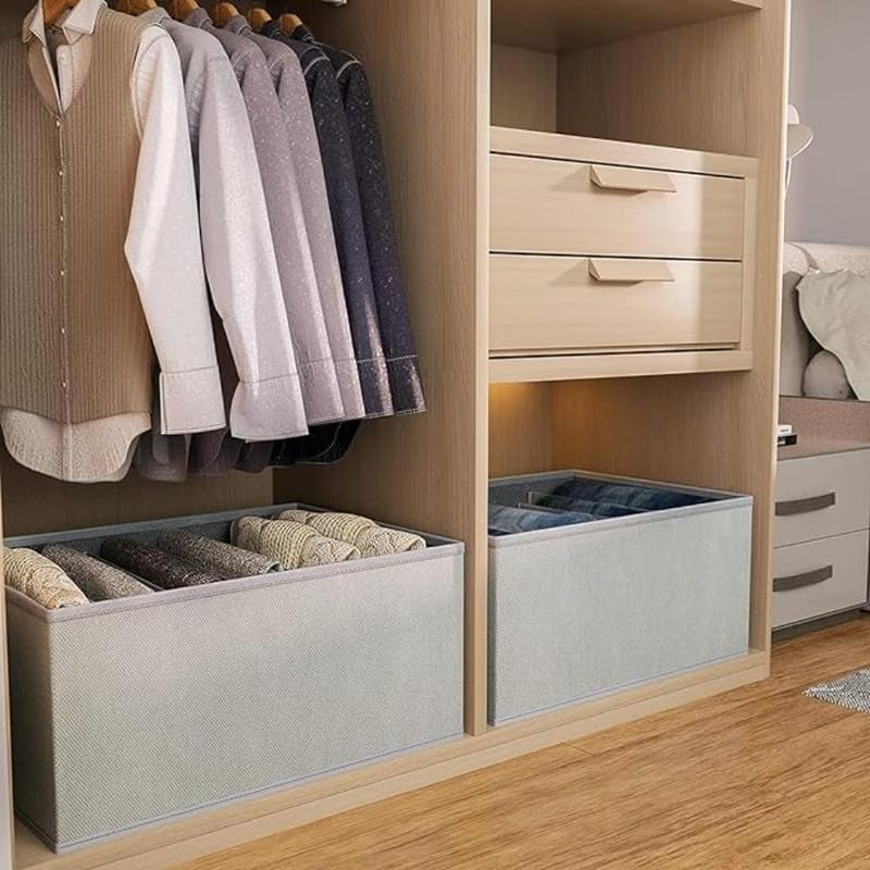 STORE MORE STORE MORE 7 Grids Wardrobe Closet Organizer For Clothes Almirah Drawer Storage Organisers Foldable and Stackable Jeans Sweater Dresses TShirts Organizer Box Grey Pack of 3  - Image 3