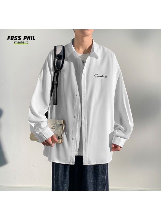 Foss Phil Men's Shirt, Autumn And Winter Versatile High-end Casual Hong Kong Style Long-sleeve Printed Shirt, Loose Top Fpcs4 White M - Image 1