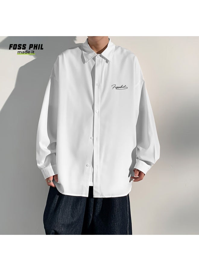Foss Phil Men's Shirt, Autumn And Winter Versatile High-end Casual Hong Kong Style Long-sleeve Printed Shirt, Loose Top Fpcs4 White M - Image 2