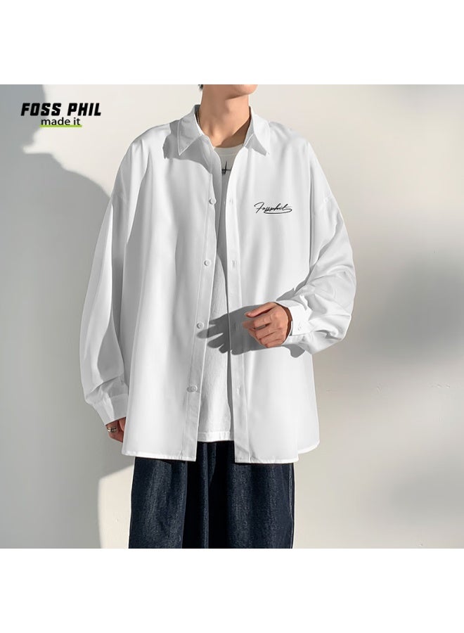 Foss Phil Men's Shirt, Autumn And Winter Versatile High-end Casual Hong Kong Style Long-sleeve Printed Shirt, Loose Top Fpcs4 White M - Image 5