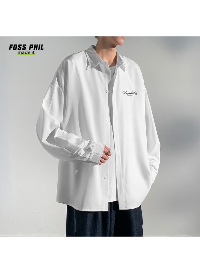 Foss Phil Men's Shirt, Autumn And Winter Versatile High-end Casual Hong Kong Style Long-sleeve Printed Shirt, Loose Top Fpcs4 White M - Image 4