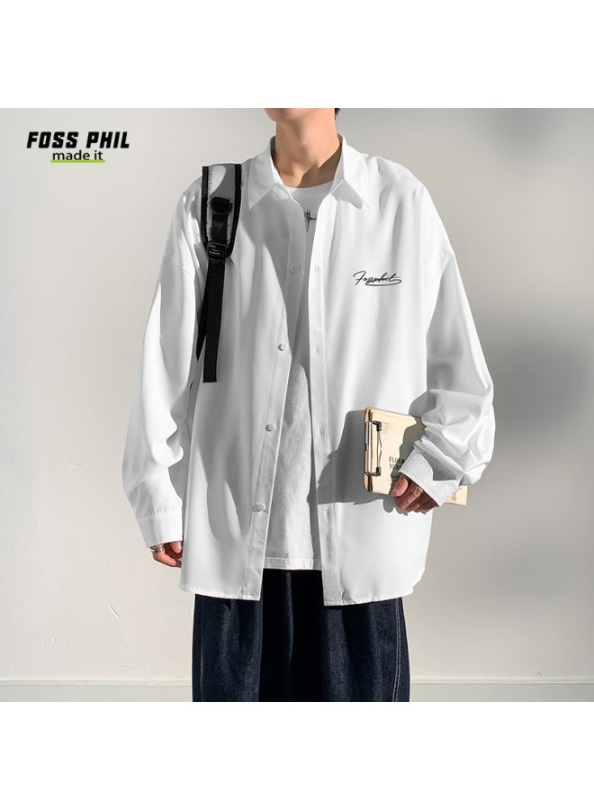 Foss Phil Men's Shirt, Autumn And Winter Versatile High-end Casual Hong Kong Style Long-sleeve Printed Shirt, Loose Top Fpcs4 White M - Image 3