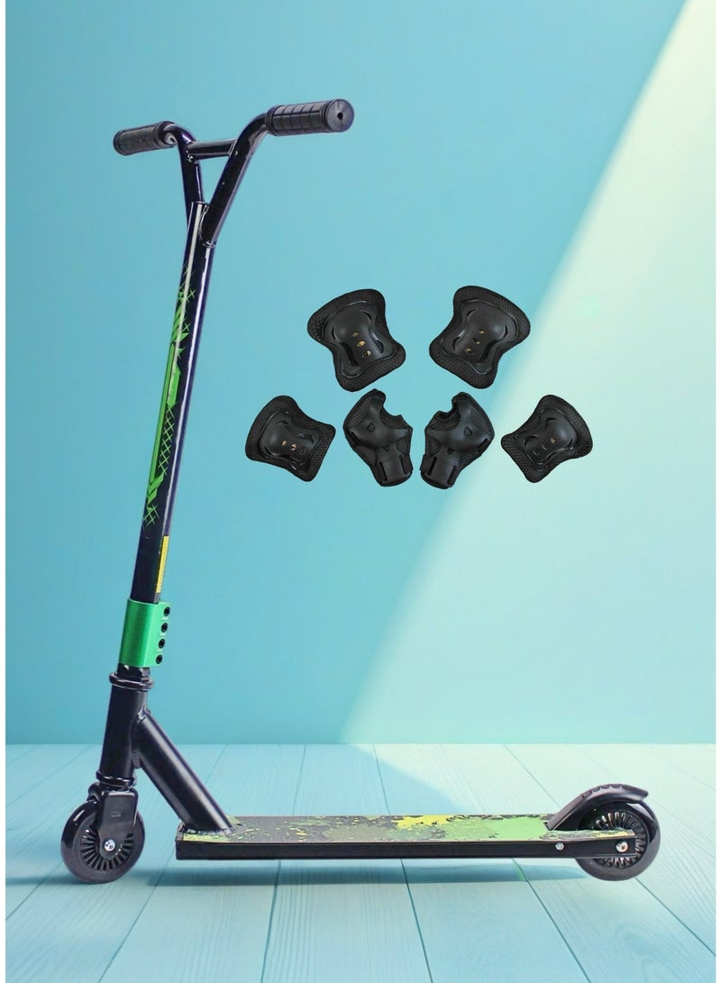 EASY FUTURE Aluminium Grip Tape Deck, 2 Wheels Stunt Scooter – Pro Scooter for Tricks, 110 mm Aluminium Wheels, Wide T-Tube Handlebars, Steel Brake, Lightweight 360 Degree Stunts, For Beginner and Intermediate Level Including Protective Gear Set - Image 1