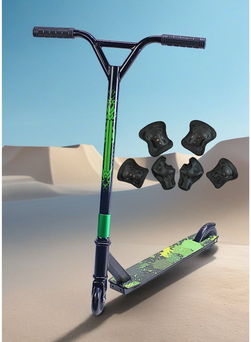 EASY FUTURE Aluminium Grip Tape Deck, 2 Wheels Stunt Scooter – Pro Scooter for Tricks, 110 mm Aluminium Wheels, Wide T-Tube Handlebars, Steel Brake, Lightweight 360 Degree Stunts, For Beginner and Intermediate Level Including Protective Gear Set - Image 5