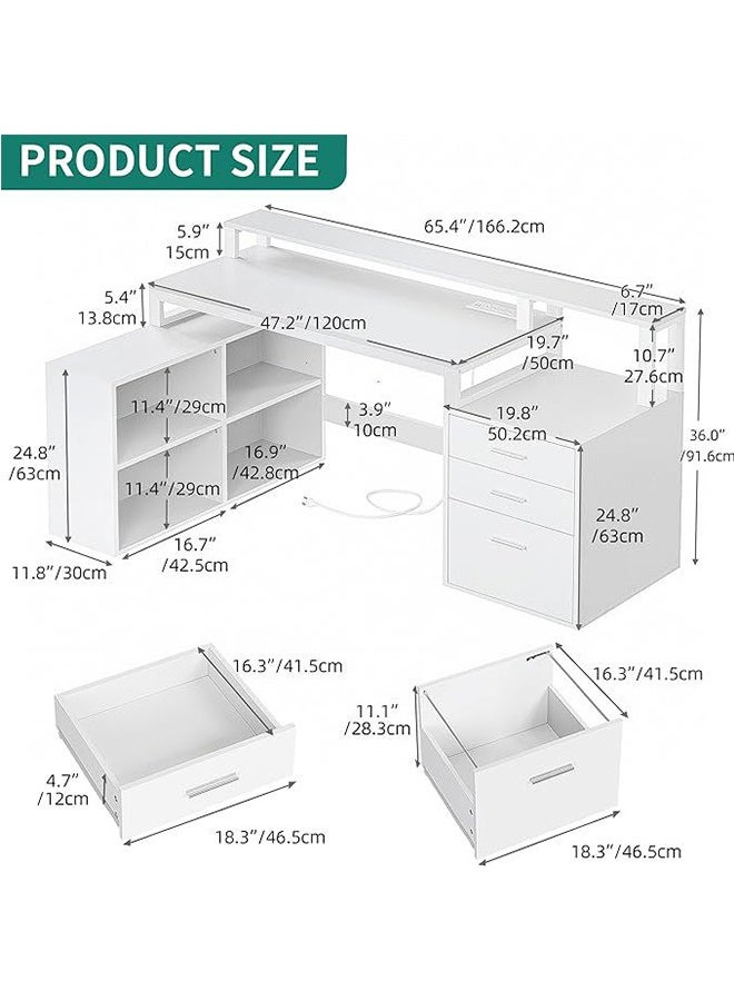 JCB CHIC مكتب كمبيوتر LED مزود بمأخذ كهربائي، مكتب دراسة متعدد الوظائف مزود بثلاثة أدراج تخزين وخزانة مفتوحة، مكتب ألعاب مزود بحامل شاشة طويل، مكتب زاوية مكتبي مزود برف تخزين - Image 2
