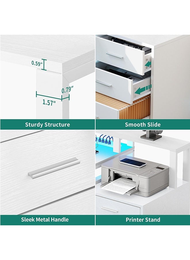 JCB CHIC مكتب كمبيوتر LED مزود بمأخذ كهربائي، مكتب دراسة متعدد الوظائف مزود بثلاثة أدراج تخزين وخزانة مفتوحة، مكتب ألعاب مزود بحامل شاشة طويل، مكتب زاوية مكتبي مزود برف تخزين - Image 5