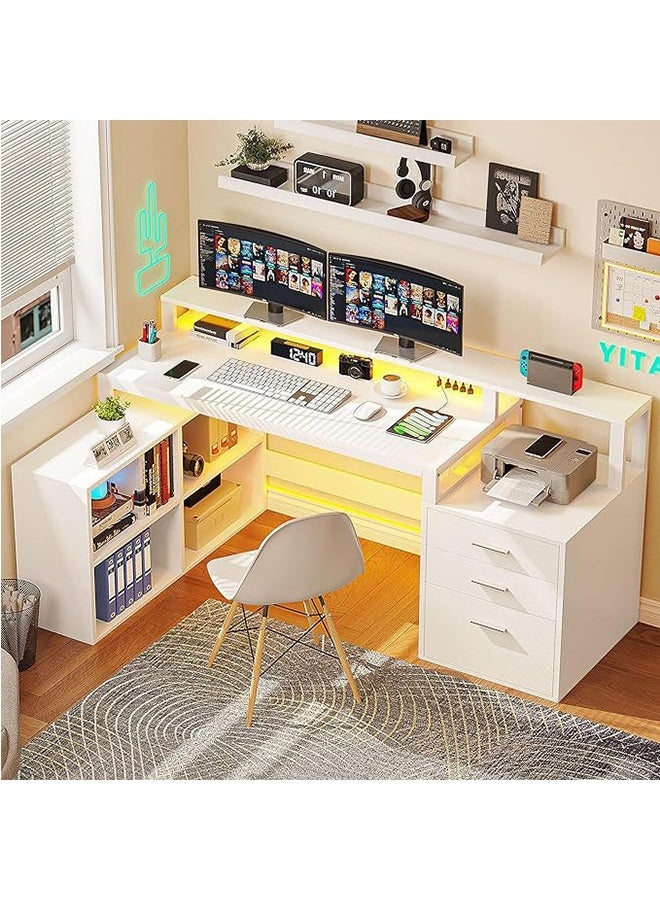 JCB CHIC مكتب كمبيوتر LED مزود بمأخذ كهربائي، مكتب دراسة متعدد الوظائف مزود بثلاثة أدراج تخزين وخزانة مفتوحة، مكتب ألعاب مزود بحامل شاشة طويل، مكتب زاوية مكتبي مزود برف تخزين - Image 1