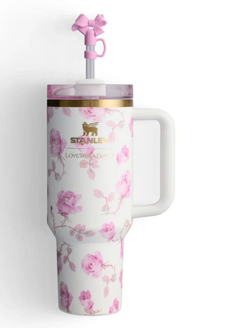 Stanley Stanley Love Shack Fancy H2.0 Flow State 40oz Pink Rose Tumbler, Stainless Steel Vacuum Insulated Quencher with Lid, Straw, and Stopper, Ideal for Water and Iced Tea, Keeps Drinks Cold, Presented in Elegant Gift-Ready Packaging - Image 5