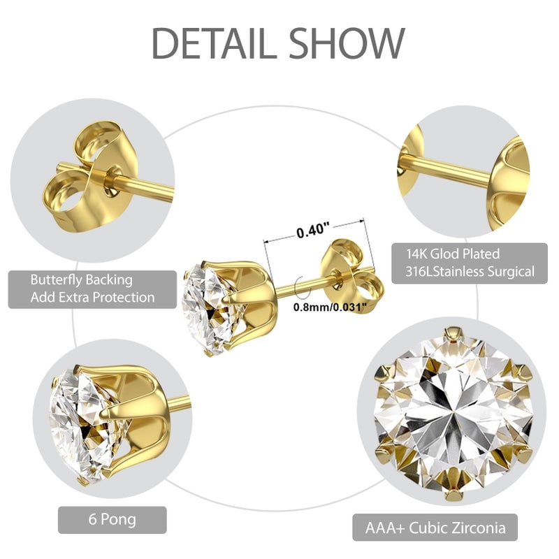 YINCUO 6 Pairs Stainless Steel Stud Earrings Set, 3-8mm 316L 14K Gold Plated Hypoallergenic Cubic Zirconia CZ Earring Jewelry Gift for Women Men - Image 3