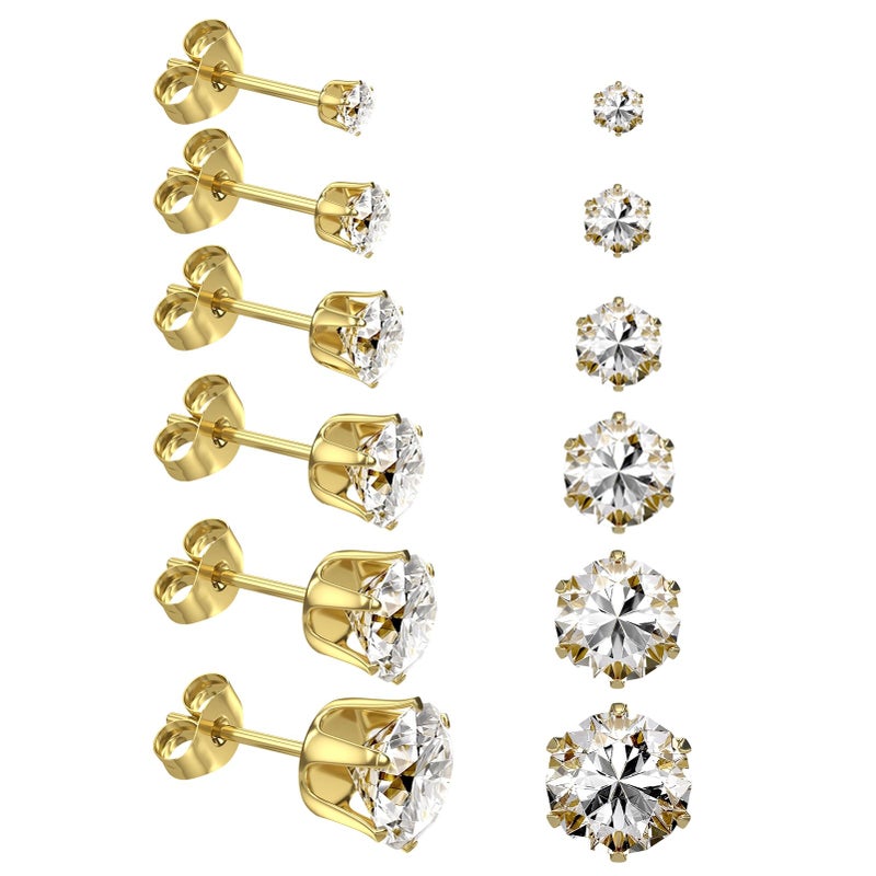 YINCUO 6 Pairs Stainless Steel Stud Earrings Set, 3-8mm 316L 14K Gold Plated Hypoallergenic Cubic Zirconia CZ Earring Jewelry Gift for Women Men - Image 1