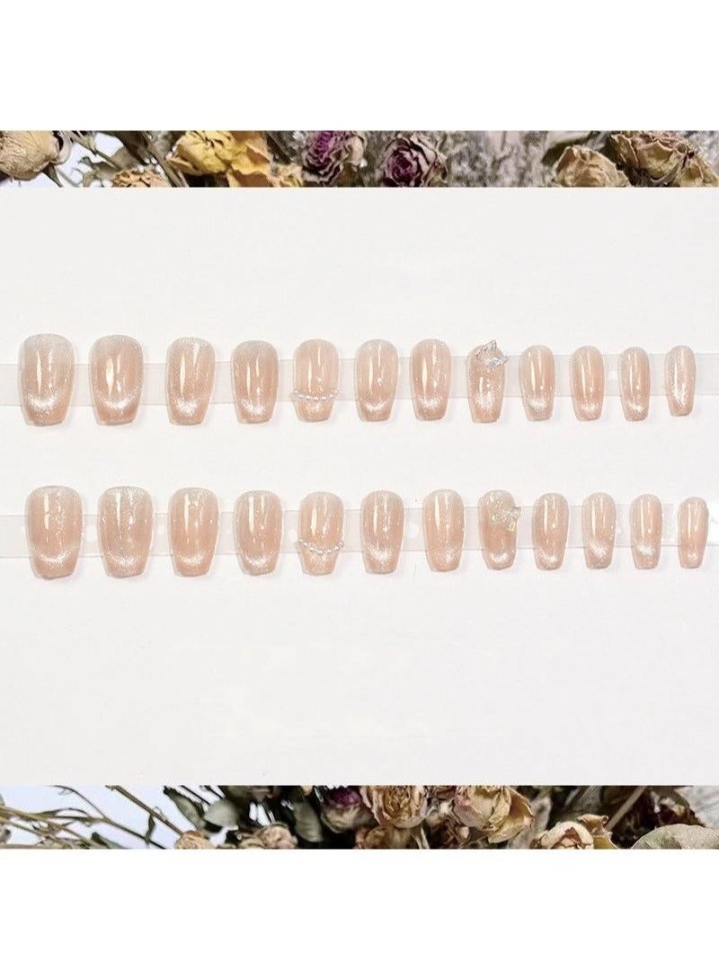 أظافر صناعية فرنسية عارية متوسطة الحجم من الأكريليك مع تصميم فراشة ثلاثية الأبعاد ولؤلؤة مربعة لامعة وأظافر كاذبة تغطي كامل الأظافر قابلة لإعادة الاستخدام وأظافر فرنسية على شكل تابوت ولصق على الأظافر للنساء (24 قطعة) - Image 2