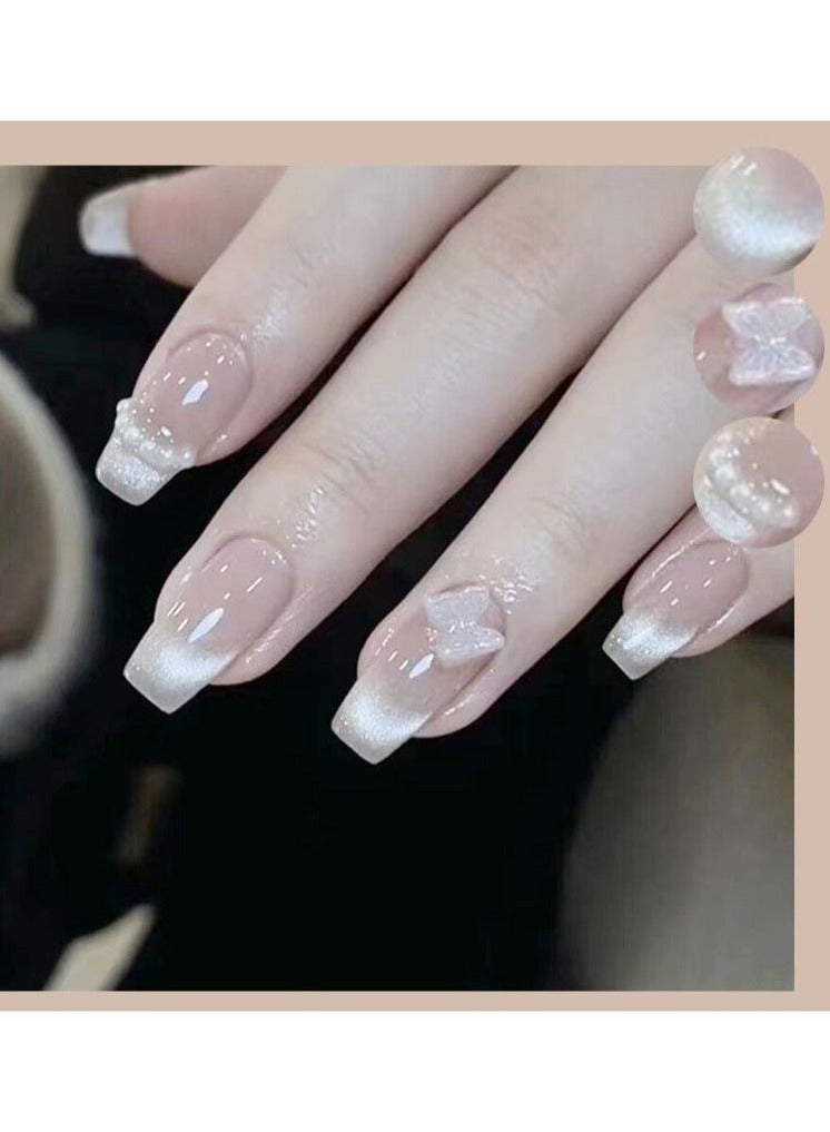 أظافر صناعية فرنسية عارية متوسطة الحجم من الأكريليك مع تصميم فراشة ثلاثية الأبعاد ولؤلؤة مربعة لامعة وأظافر كاذبة تغطي كامل الأظافر قابلة لإعادة الاستخدام وأظافر فرنسية على شكل تابوت ولصق على الأظافر للنساء (24 قطعة) - Image 5