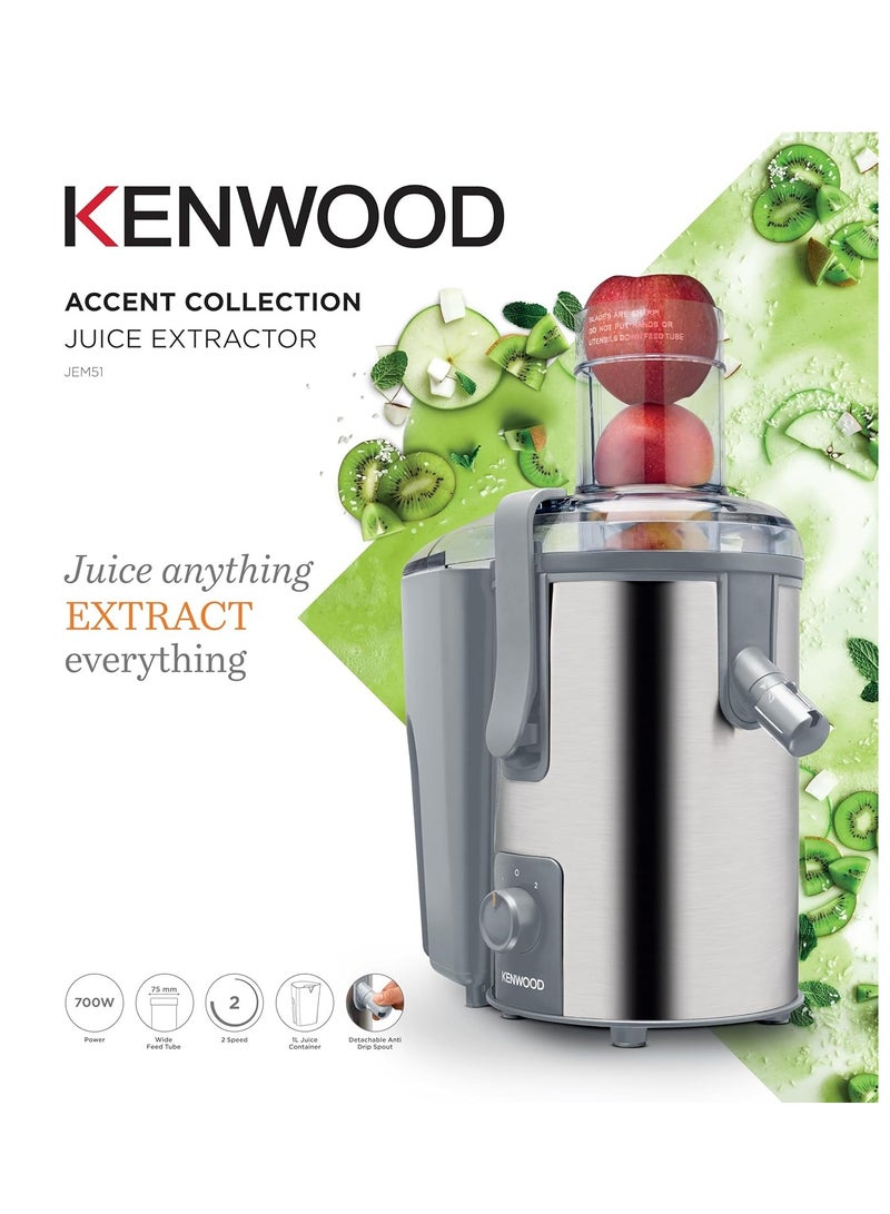 KENWOOD Juicer 700W Stainless Steel Juice Extractor with 75mm Wide Feed Tube, 2 Speed, Transparent Juice Jug, Pulp Container, Anti Drip for Home, Office, Restaurant & Cafeteria 700 W JEM51.000GS Grey/Silver - Image 2